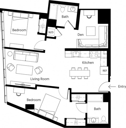 Floor plan for 2 beds, 2 baths, 1033 sqft